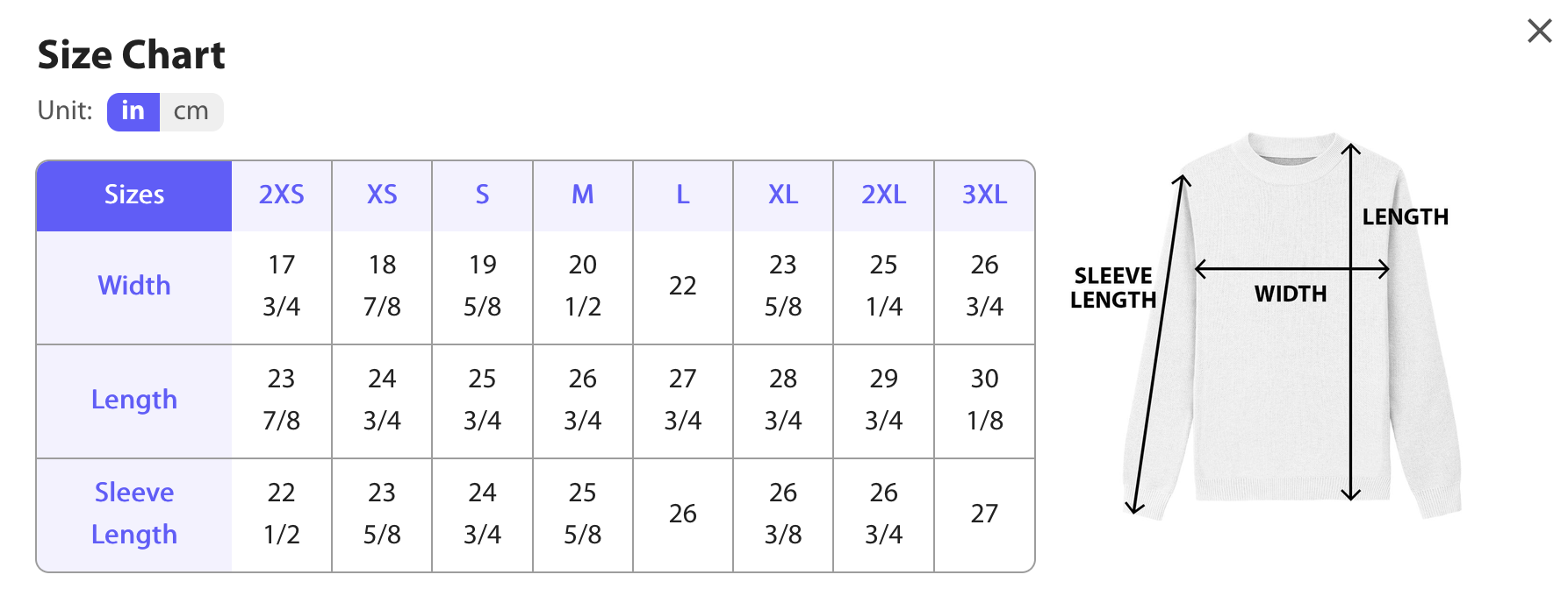 Size chart & measurements