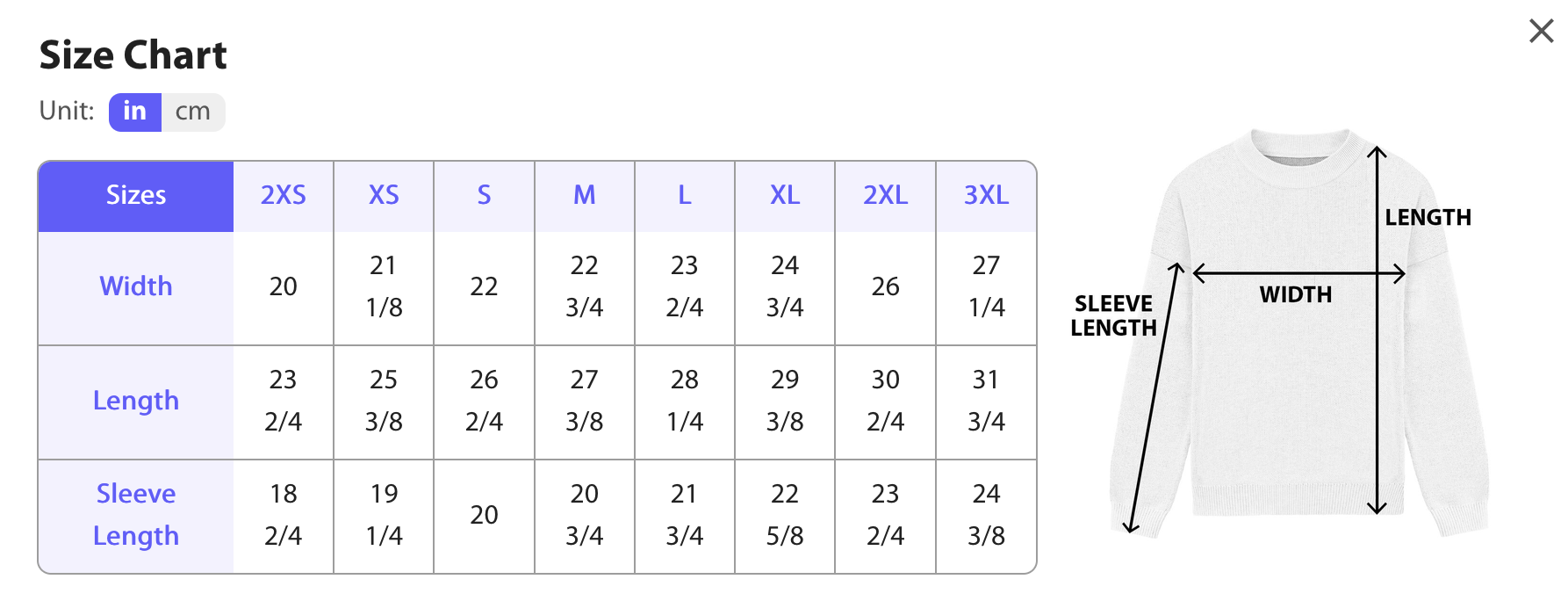 Size chart & measurements