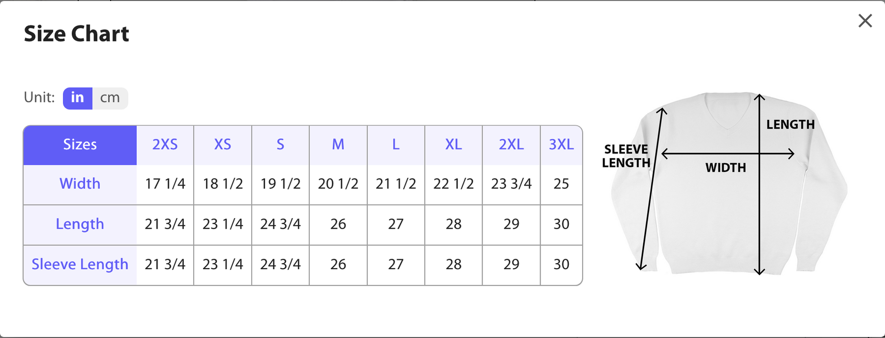 Size chart & measurements