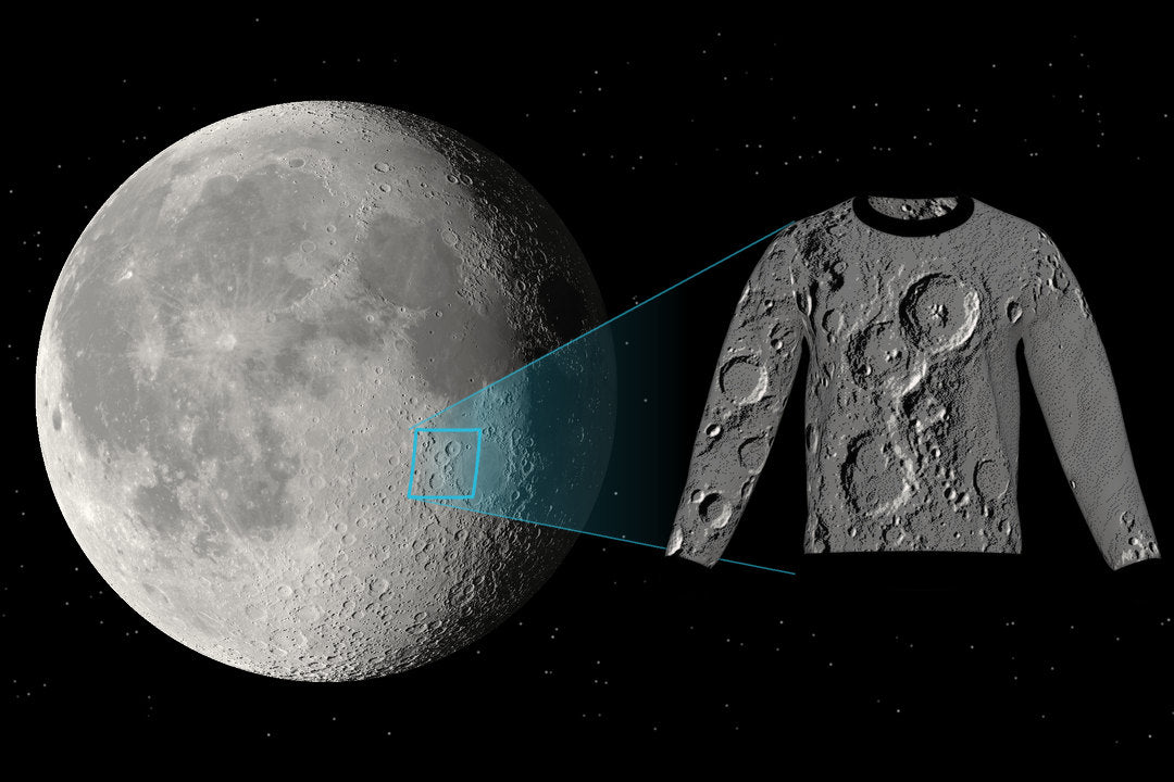 The Moon with the crater Theophilus outlined, and a sweater knit from its topo map