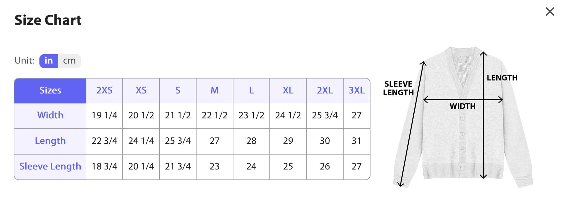 Size chart & measurements