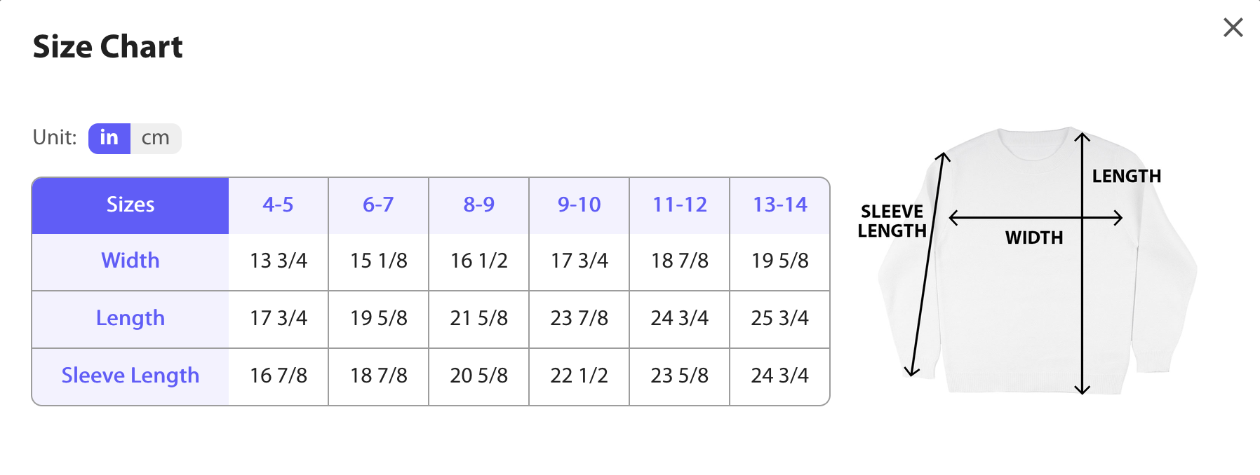 Size chart & measurements