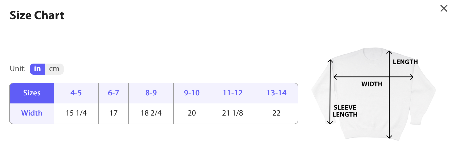 Size chart & measurements